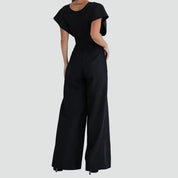 Dames Jumpsuit met Overslaghals, Wijde Pijpen en Kapmouwen - Zwart/Beige/Wit