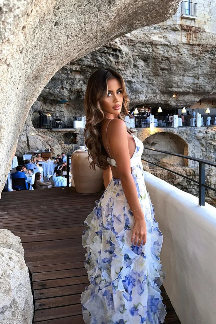 Giulia Jurk | Elegante Maxi Jurk van Bloemenstof met Gelaagde Rok en V-Hals