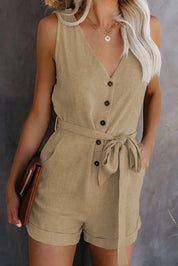 Rosa Jumpsuit | Korte Jumpsuit met V-Hals, Taille Riem en Stretch voor Zomercomfort