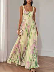 Chiffon Maxi Jurk Dames Bloemenprint Vierkante Hals Bruiloft Gast - Wit / Blauw / Roze - Maelen