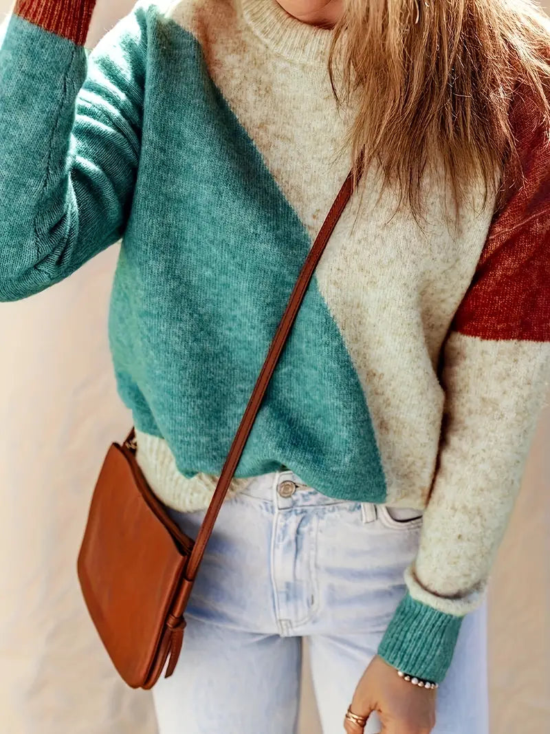 Carina Trui | Zachte Kleurblok Damestrui met Ronde Hals en Relaxte Pasvorm