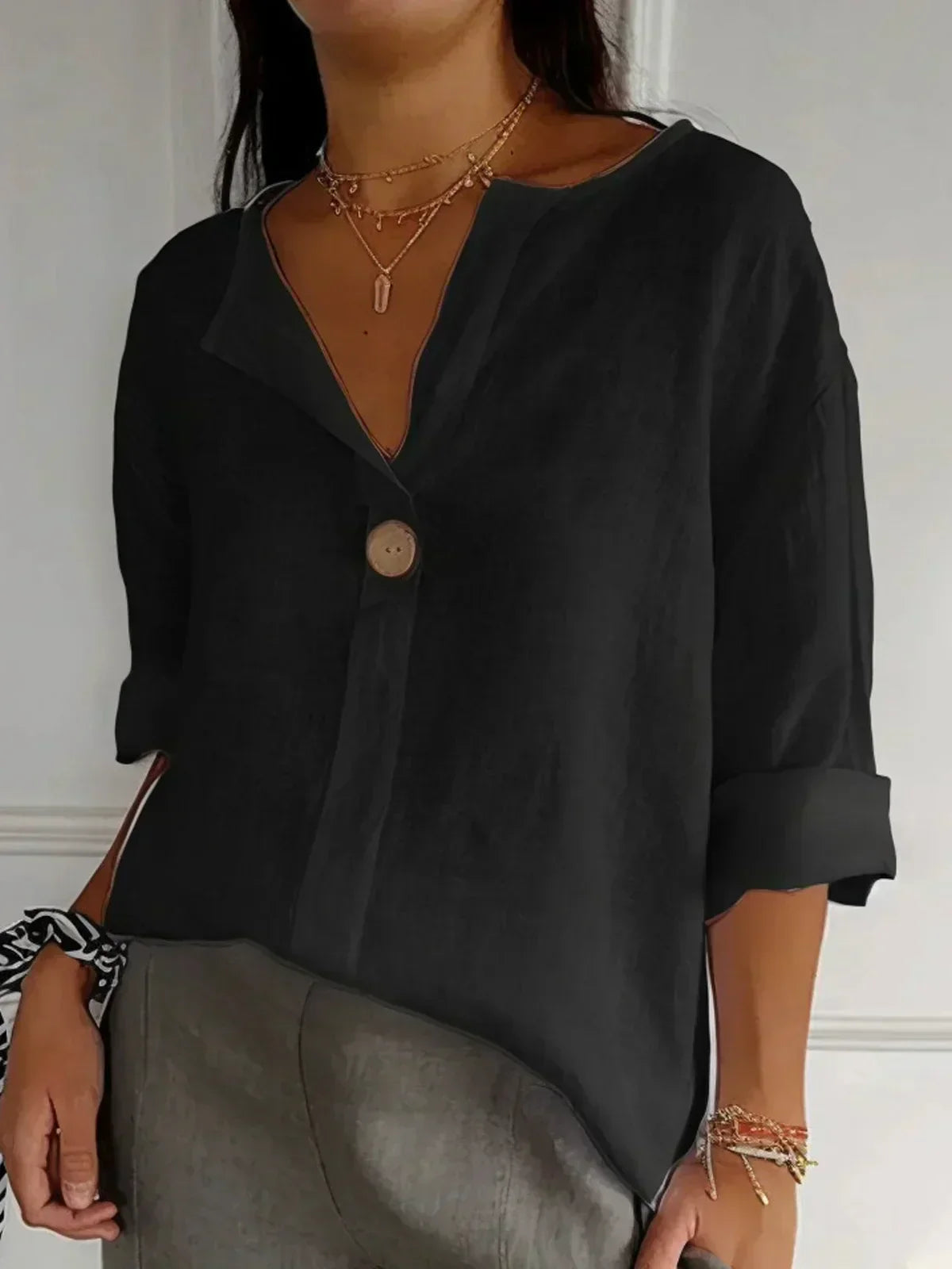 Dames Zomerblouse V-hals Knoopdetail Linnen Look Loszittend - Beige / Marineblauw / Rood - Maelen