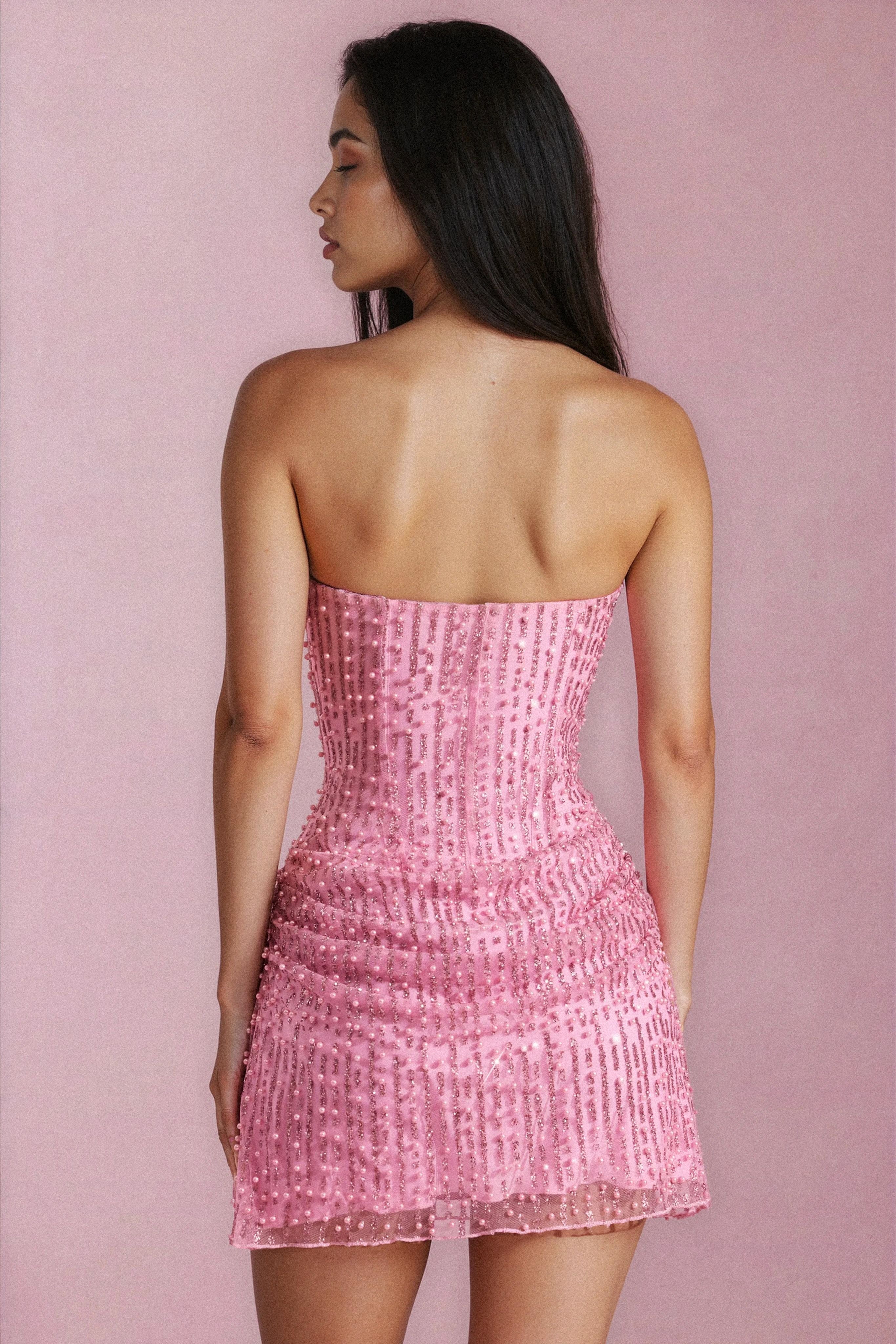 Lucente Glitter mesh mini jurk dames – chique strapless party dress met korset