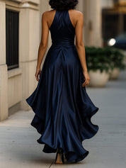 Dames Halter Maxi Jurk Satijn Look Diepe V-hals Split Vloerlengte Feestelijk - Marineblauw / Champagne / Bordeaux - Maelen