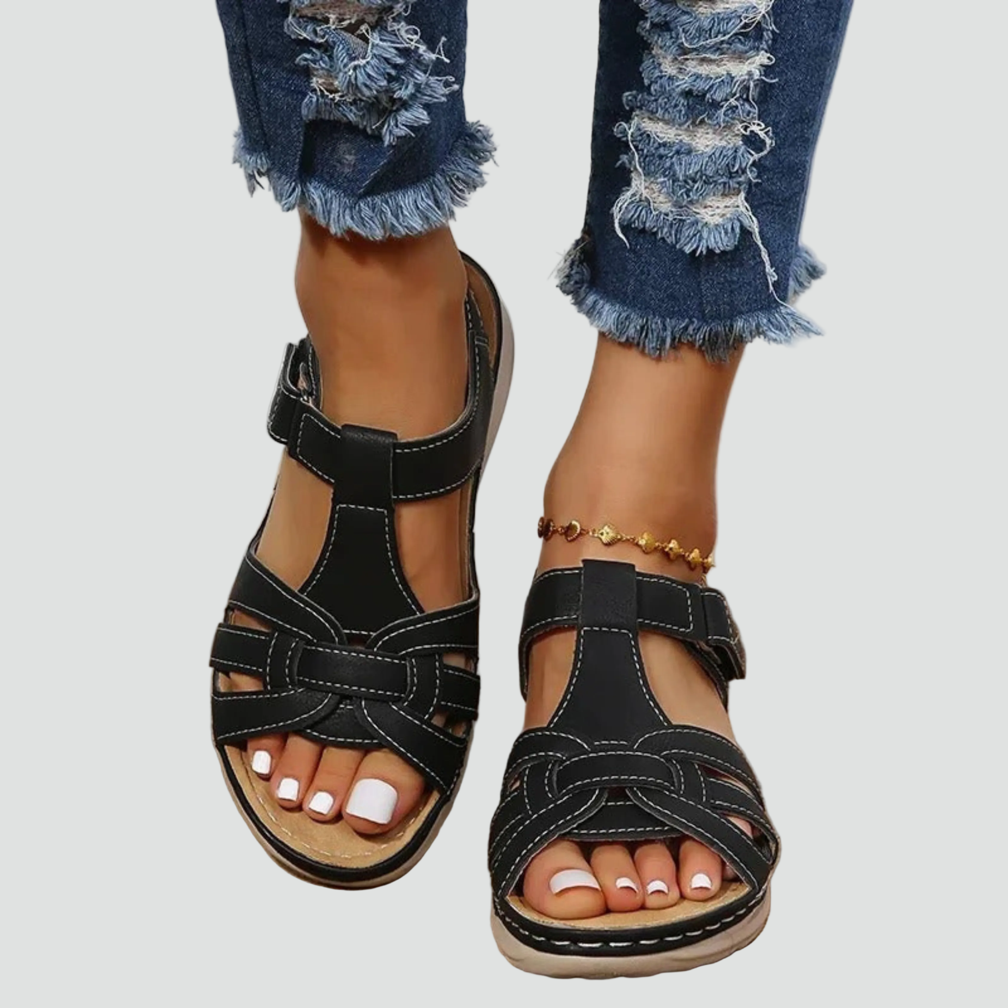 Orthopedische Leren Sandalen Dames met Klittenband en Sleehak voor Dagelijks Gebruik - Bruin/Zwart