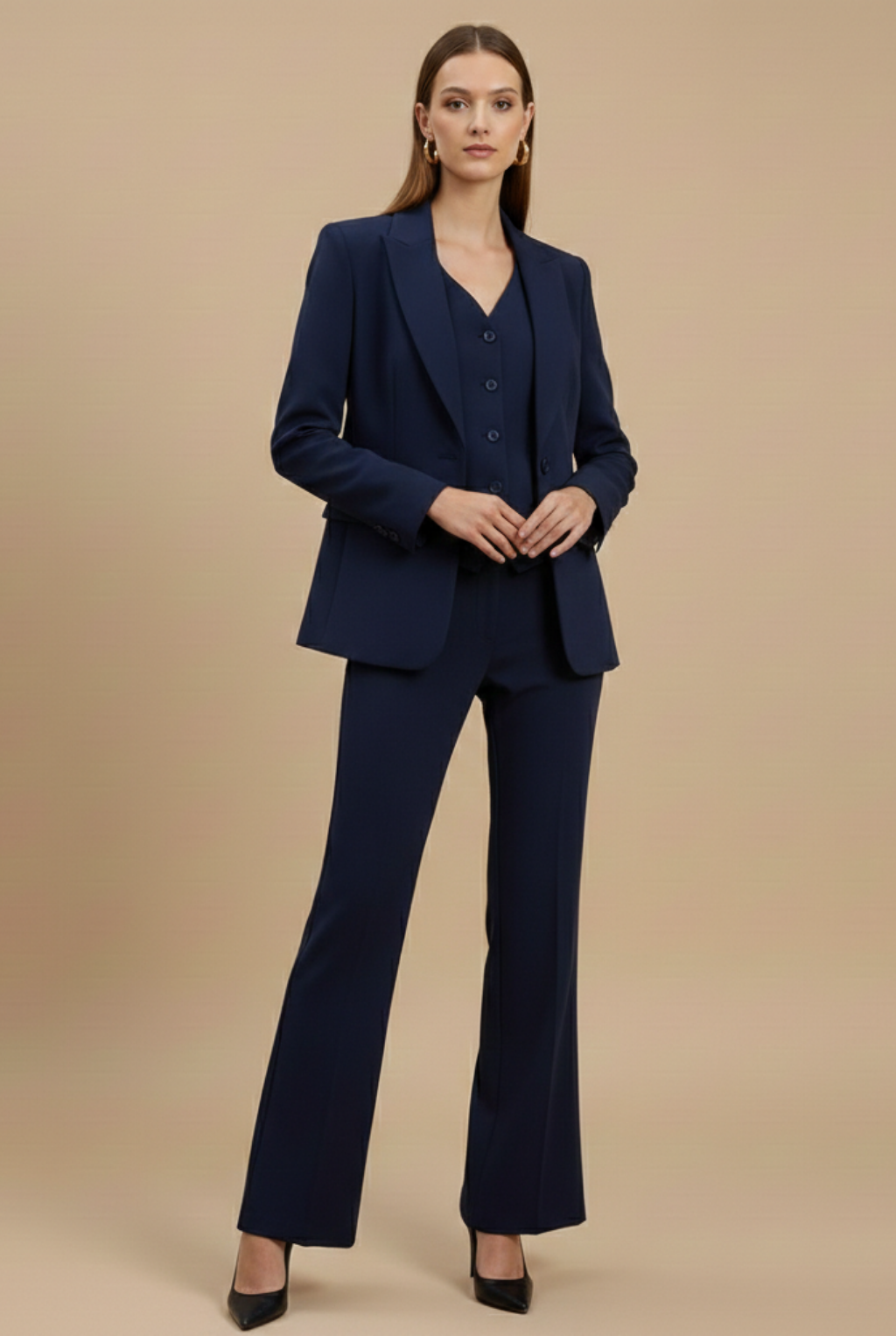 Dames Driedelige Set Blazer Vest en Flared Broek Getailleerd Formeel - Kameel / Wit / Marineblauw - Maelen
