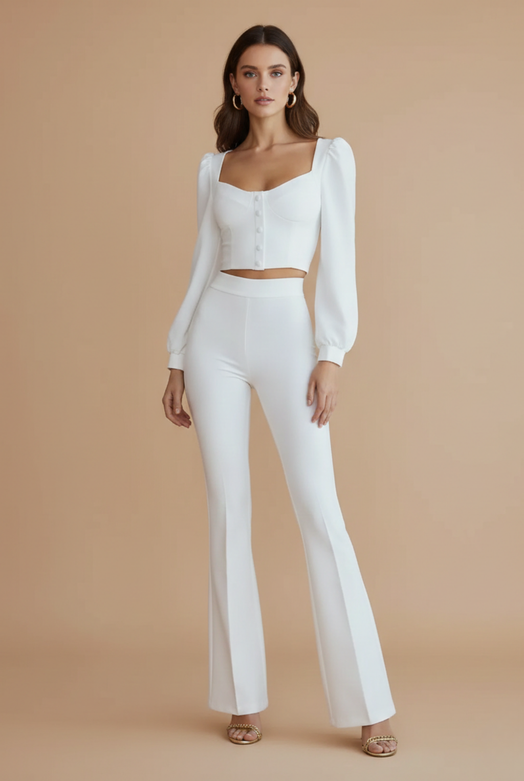 Dames Tweedelige Set Cropped Top Knopen en High-Waist Flared Broek Avond - Wit / Geel / Zwart - Maelen