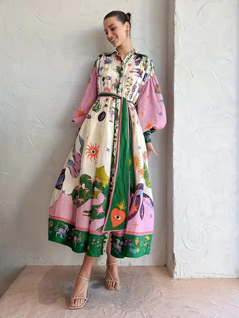 Adeline Maxi-jurk | Vloeiende Jurk met Abstracte Print, Lantaarnmouwen en Taille Riem