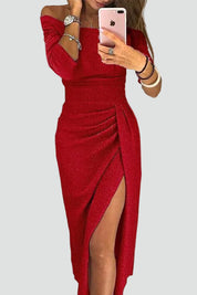 Aansluitende Midi Jurk Dames met Split en Glanzende Stof, Elegant voor Cocktail en Feest - Simona Vitale