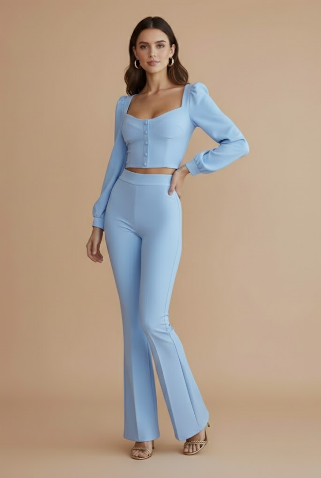 Dames Tweedelige Set Cropped Top Knopen en High-Waist Flared Broek Avond - Wit / Geel / Zwart - Maelen