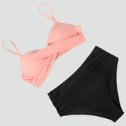 Afslankende Bikini Dames met Hoge Taille en Retro Push-up Effect, Getwist Voorpand - Warme Roze/Zwart/Rood