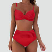 Afslankende Bikini Dames met Hoge Taille en Retro Push-up Effect, Getwist Voorpand - Warme Roze/Zwart/Rood