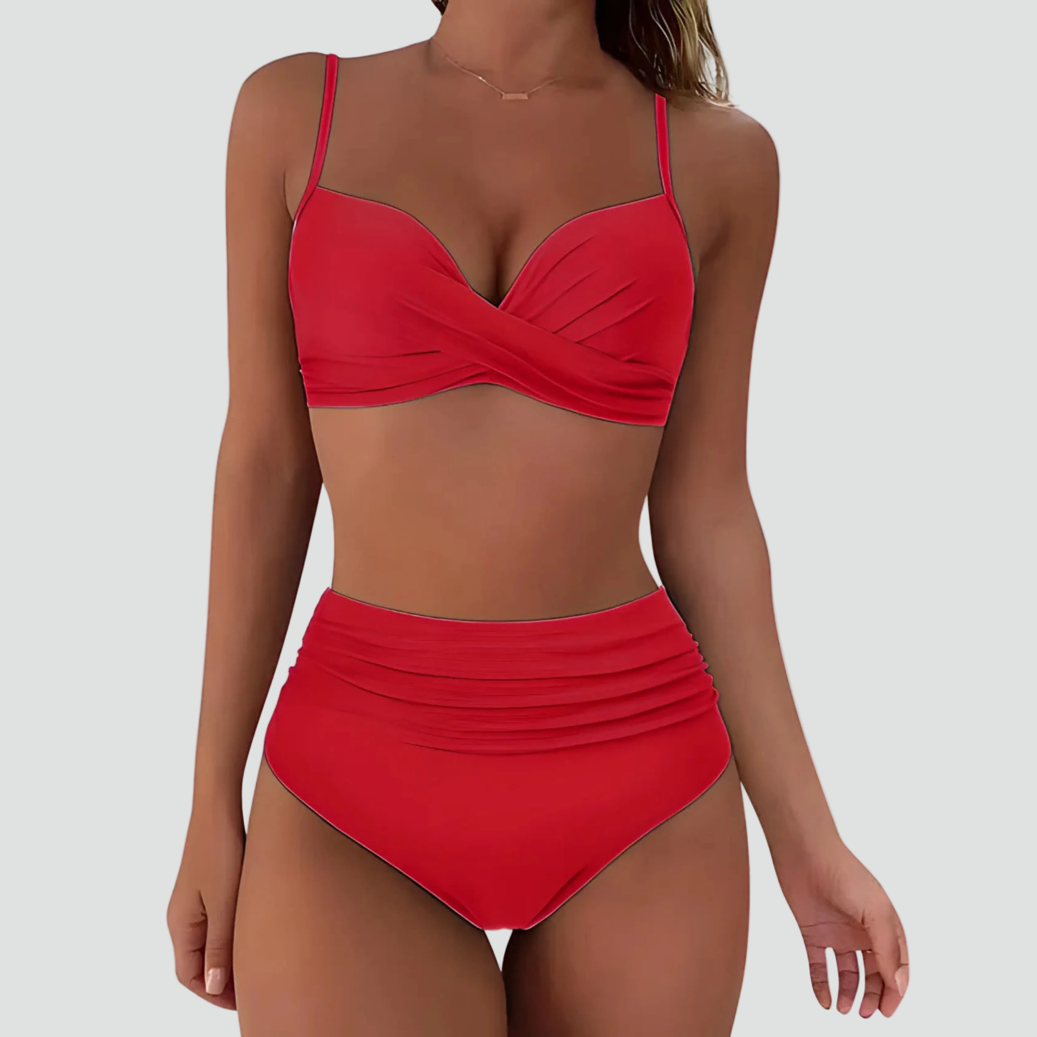 Afslankende Bikini Dames met Hoge Taille en Retro Push-up Effect, Getwist Voorpand - Warme Roze/Zwart/Rood