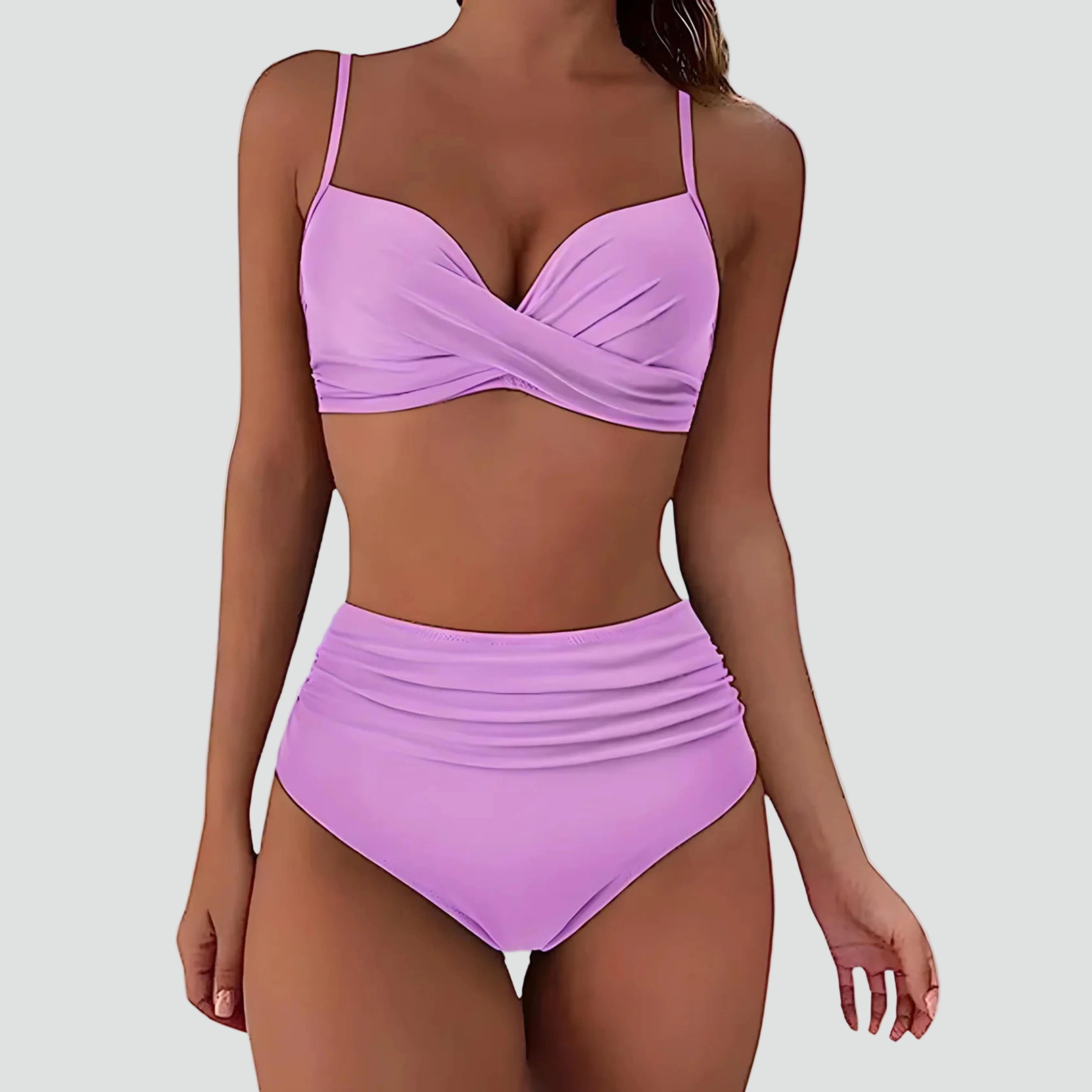 Afslankende Bikini Dames met Hoge Taille en Retro Push-up Effect, Getwist Voorpand - Warme Roze/Zwart/Rood