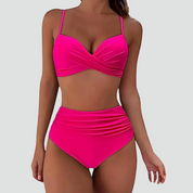 Afslankende Bikini Dames met Hoge Taille en Retro Push-up Effect, Getwist Voorpand - Warme Roze/Zwart/Rood