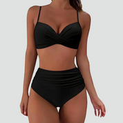 Afslankende Bikini Dames met Hoge Taille en Retro Push-up Effect, Getwist Voorpand - Warme Roze/Zwart/Rood
