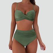 Afslankende Bikini Dames met Hoge Taille en Retro Push-up Effect, Getwist Voorpand - Warme Roze/Zwart/Rood