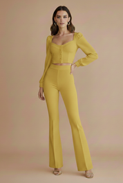 Dames Tweedelige Set Cropped Top Knopen en High-Waist Flared Broek Avond - Wit / Geel / Zwart - Maelen