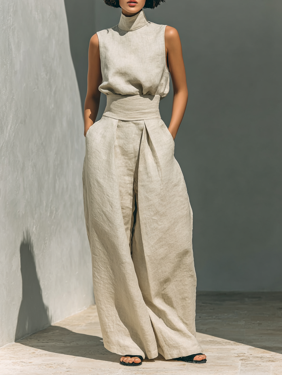 Linnen Set Dames Tweedelig Mouwloze Top en Wijde Broek - Lichtblauw / Khaki / Olijfgroen - Maelen