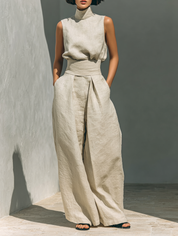 Linnen Set Dames Tweedelig Mouwloze Top en Wijde Broek - Lichtblauw / Khaki / Olijfgroen - Maelen