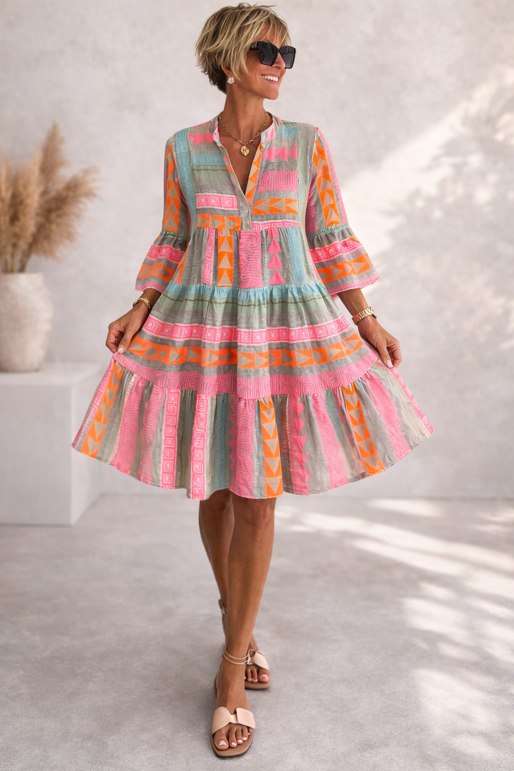 Dames Midi Jurk Gelaagd Kleurrijk Print V-hals Loszittend Zomer - Maelen