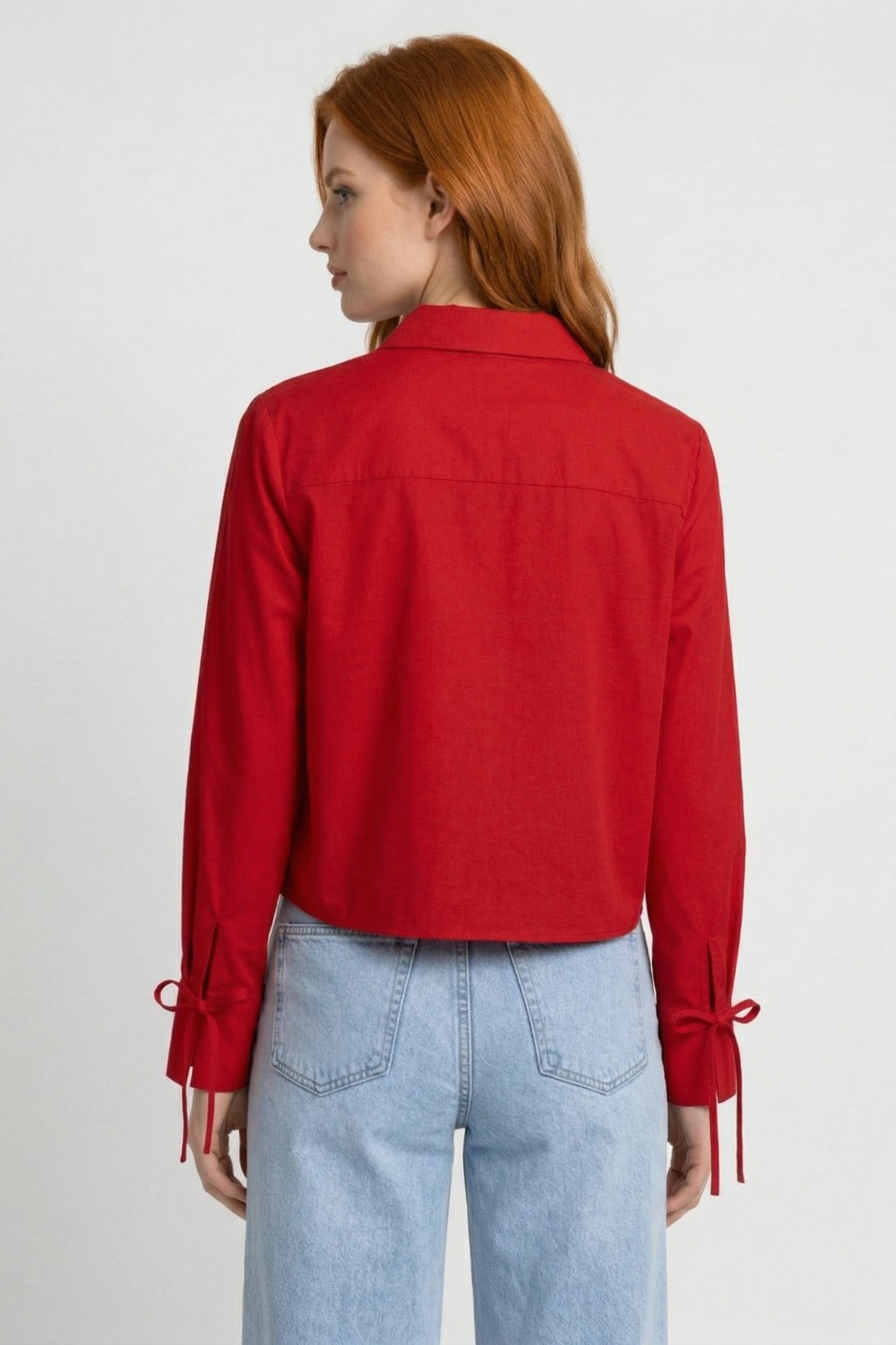 Damesblouse met Chinese Knoopsluiting en Cropped Pasvorm - Rood / Lichtblauw - Maelen
