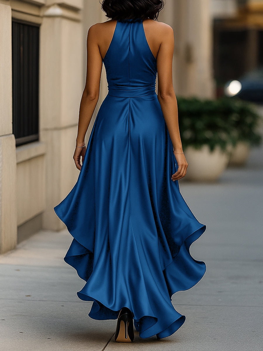 Dames Halter Maxi Jurk Satijn Look Diepe V-hals Split Vloerlengte Feestelijk - Marineblauw / Champagne / Bordeaux - Maelen