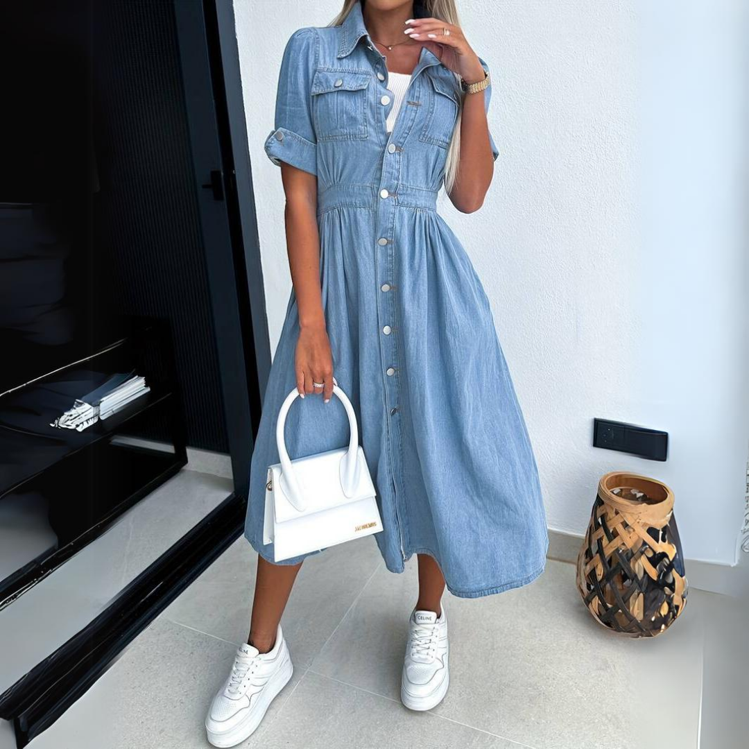 Alissa Denim Jurk | Spijkerjurk met Tailleband, Reverskraag en Enkelhoge Lengte