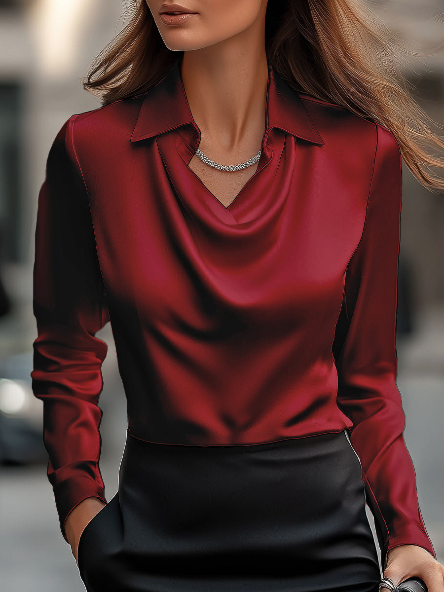 Luciana Witte satijnen dames blouse – elegante blouse met watervalhals en luxe uitstraling