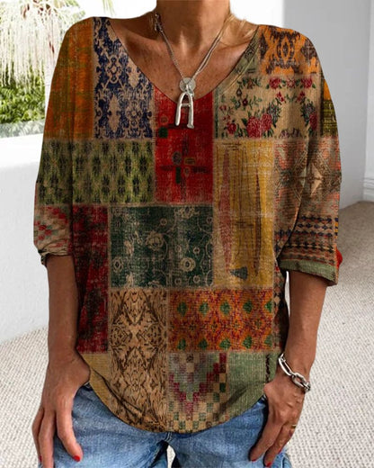Adrie Top | Vintage Geometrische Top met V-hals en Losse Pasvorm