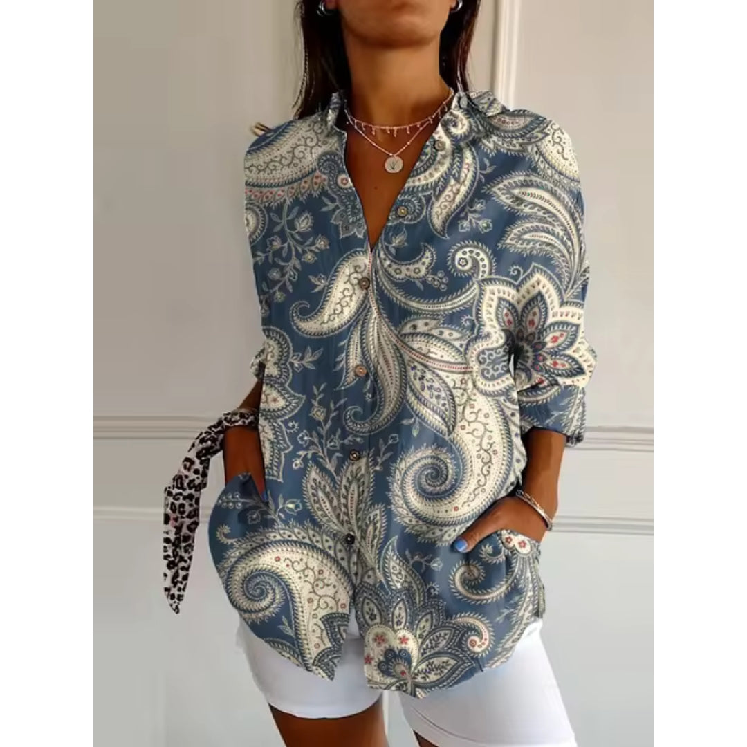 Dames Bloemen Blouse Knoopsluiting Loszittend Halflange Mouwen - Roze / Blauw / Paars - Maelen