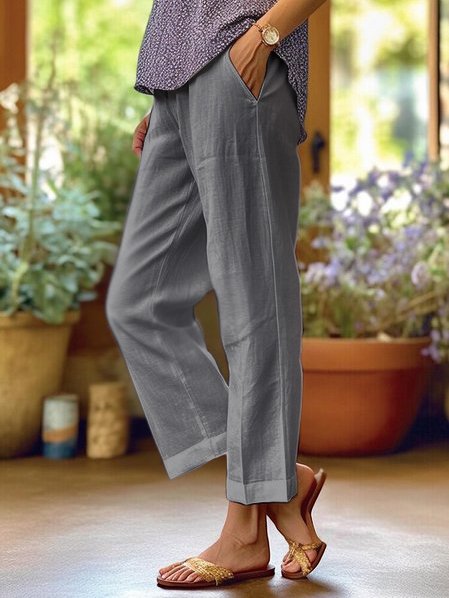 Dames Linnen Broek Hoge Taille Zakken Loszittend - Wit / Zwart / Grijs - Maelen