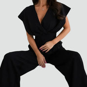 Dames Jumpsuit met Overslaghals, Wijde Pijpen en Kapmouwen - Zwart/Beige/Wit