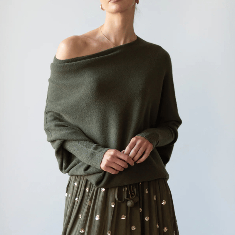 Sofia Off shoulder trui dames – losse gebreide trui met elegante open schouderlijn