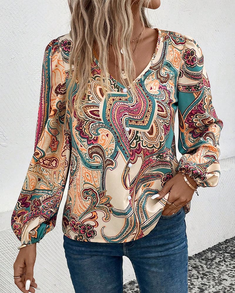 Mirella Blouse | Bloemenprint Damesblouse met V-Hals en Lange Mouwen