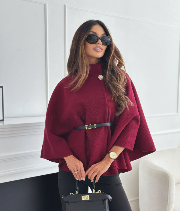 Bella Cape Top | Dames cape top met riem en opstaande kraag van wolmix