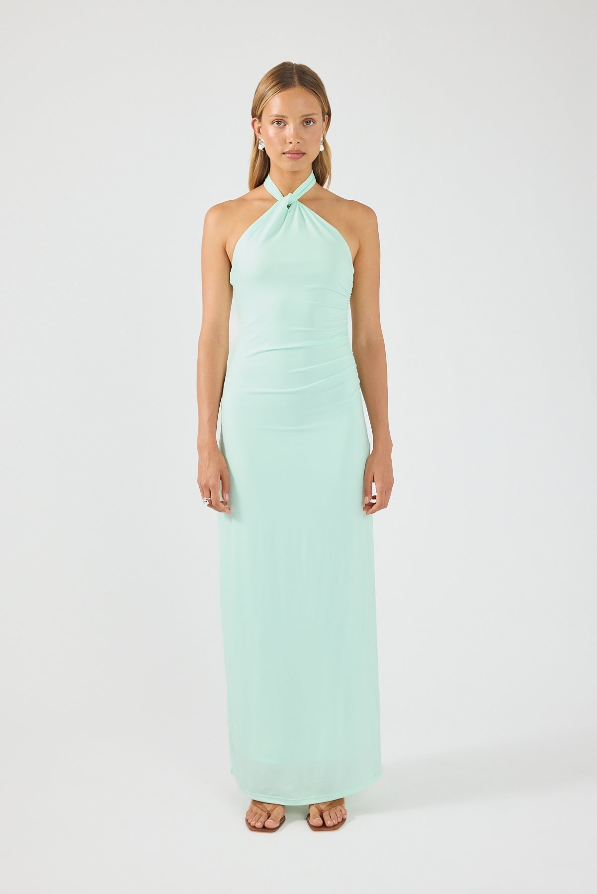 Dames Maxi Jurk Halternek Twisted Detail Aansluitend Mintgroen - Maelen
