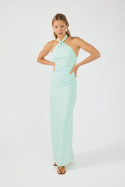Dames Maxi Jurk Halternek Twisted Detail Aansluitend Mintgroen - Maelen