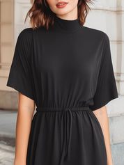 Dames Oversized Midi Jurk met Koord Verstelbare Taille Lente en Zomer - Zwart - Maelen