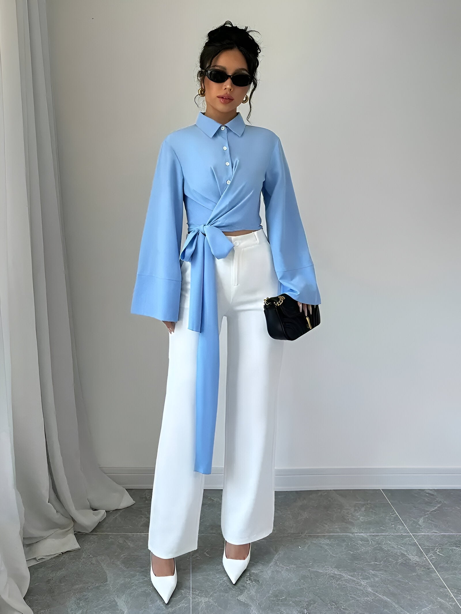 Bianca Crop Top | Elegante dames top met strik en klokkende mouwen