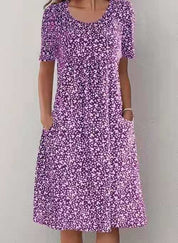 Alisha™ Bloemenjurk | Vrouwelijke Midi-Jurk met Ronde Hals, Vloeiende Pasvorm en Zijzakken