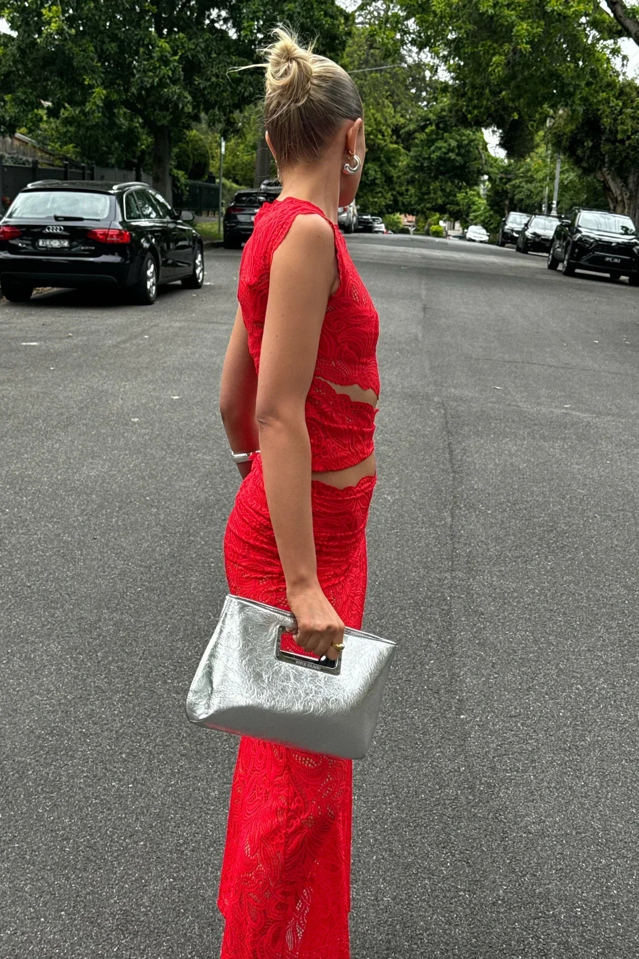 Dudu | Elegante Tweedelige Set van Kant Dames - Mouwloze Top en Split Rok - Feestklaar en Vrouwelijk - Rood