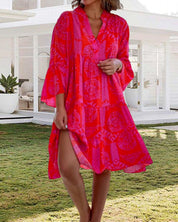 Livia Jurk | Boho Zomerjurk van Katoen met Geometrische Print en Zwierige Mouwen