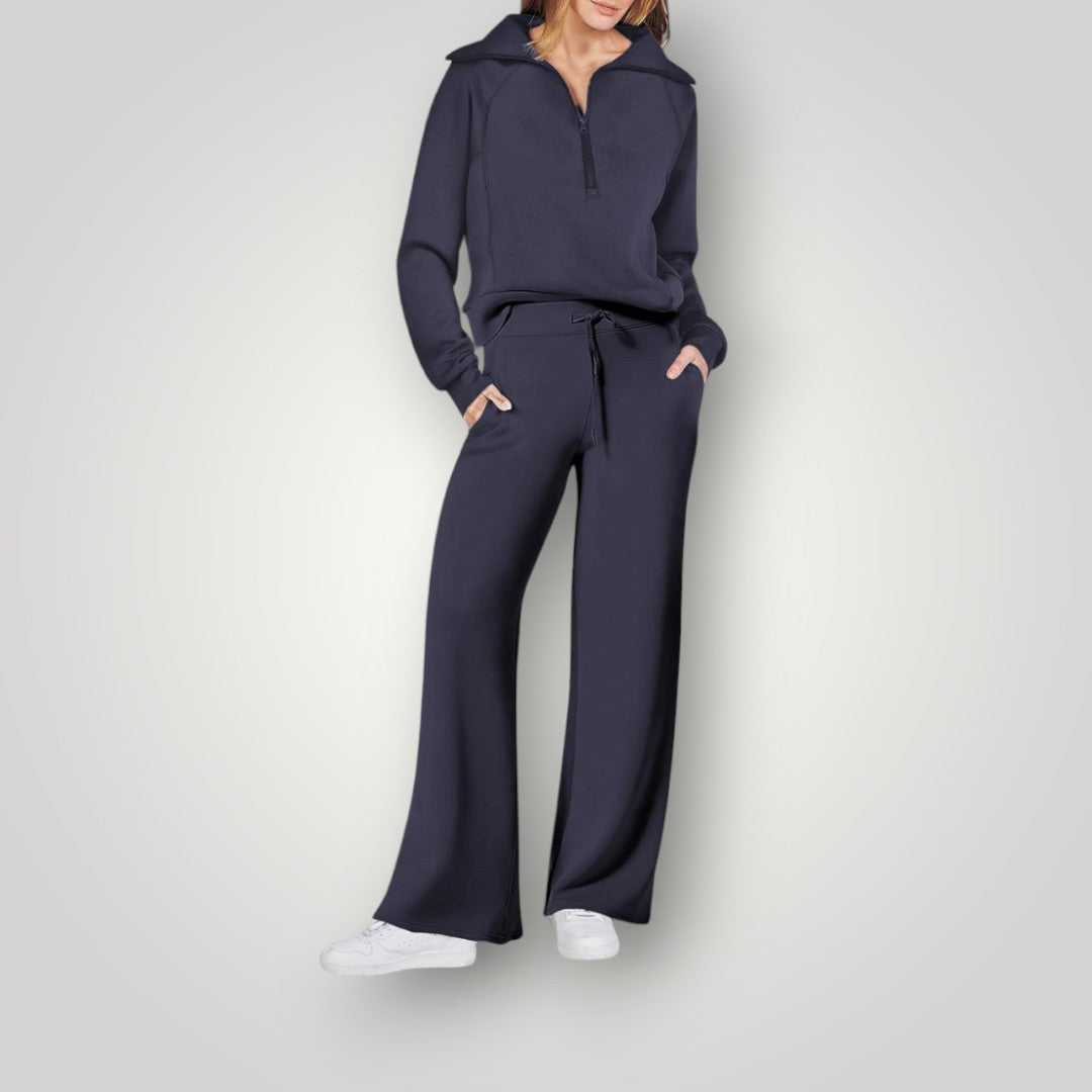 Lucia Dames Relaxte Loungeset | Twee-Delige Set met Rits-Top en Wijde Broek
