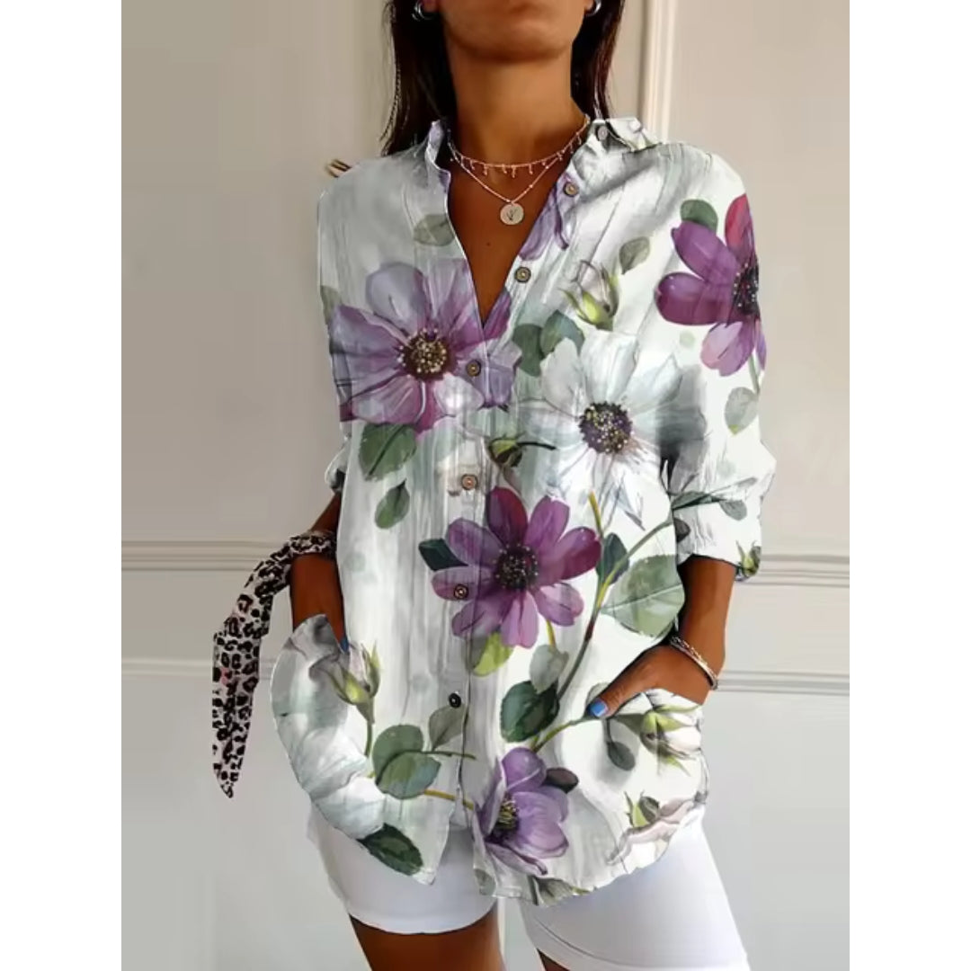 Dames Bloemen Blouse Knoopsluiting Loszittend Halflange Mouwen - Roze / Blauw / Paars - Maelen