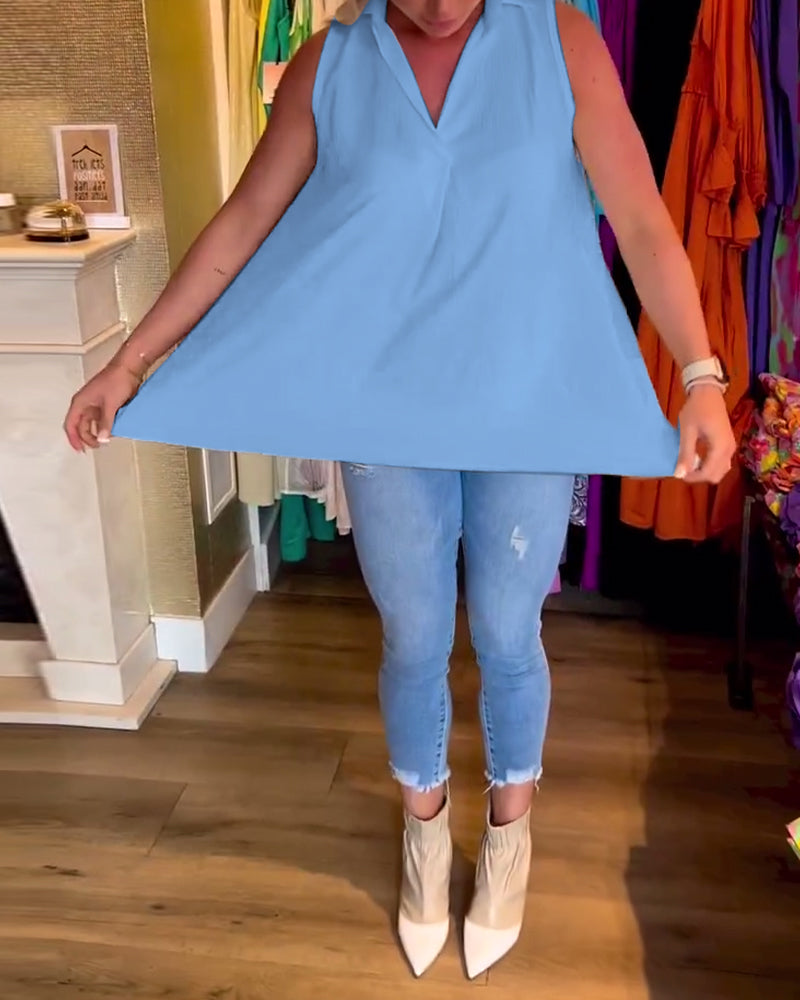 Lucia Blouse | Mouwloze Zomerblouse met V-Hals, Losse Pasvorm en Plooiachterkant