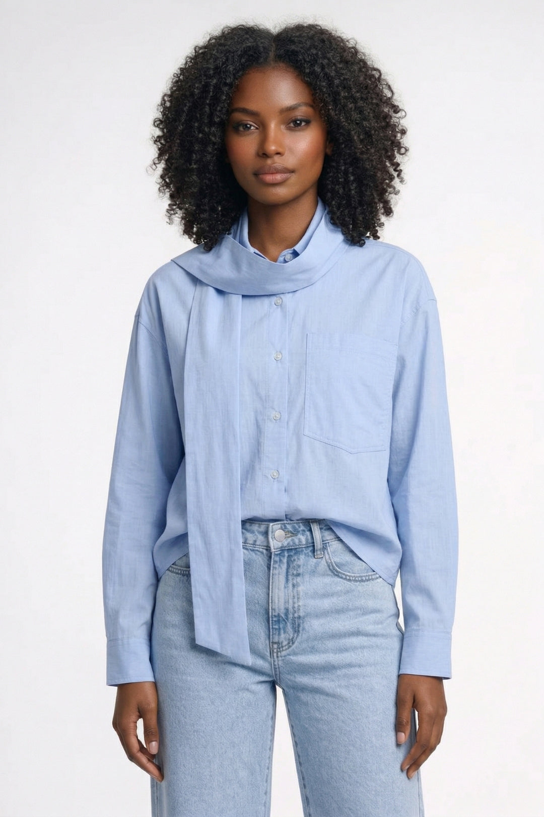 Casual Damesblouse met Strikdetail en Relaxte Pasvorm - Lichtblauw - Maelen