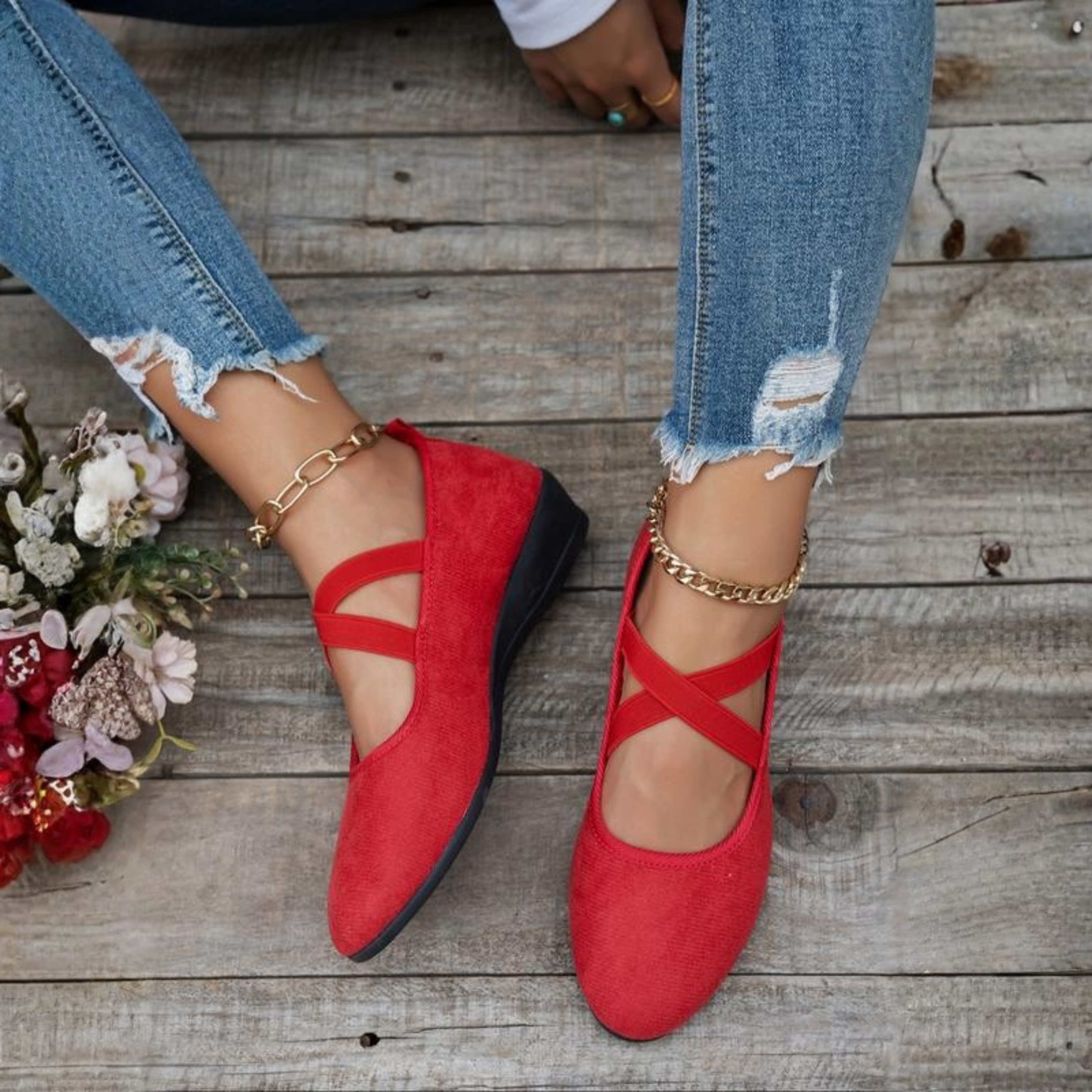 Dames Wedge Ballerina Gesloten Gekruiste Enkelbandjes Wigzool Dagelijks - Zwart / Bruin / Rood - Maelen