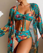 Annie Bikiniset | 3-Delige Zomerse Bikiniset met Bloemenprint en Mesh Blouse