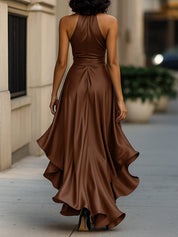 Dames Halter Maxi Jurk Satijn Look Diepe V-hals Split Vloerlengte Feestelijk - Marineblauw / Champagne / Bordeaux - Maelen